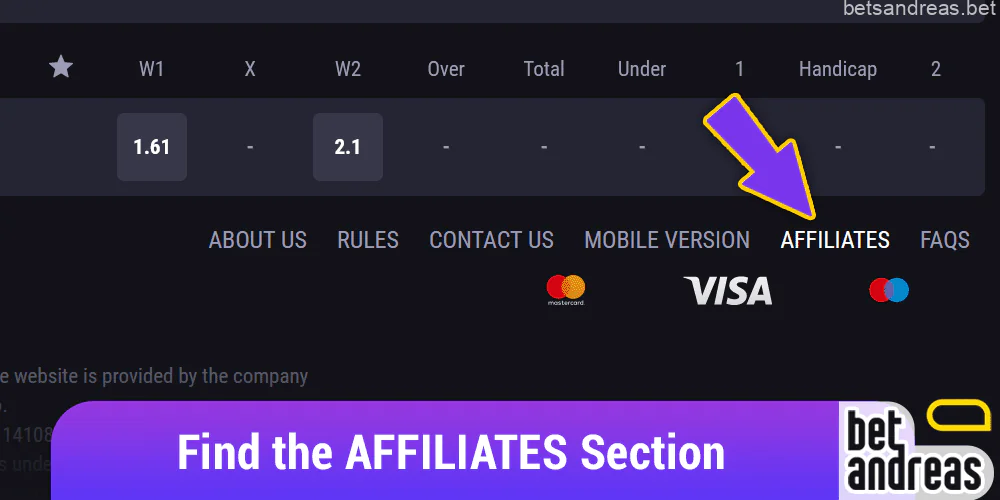 Find the AFFILIATES section on the Betandreas website