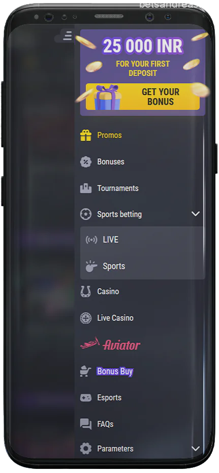 Screenshot of the Betandreas mobile app menu