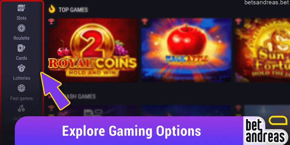 Explore the gaming options in the slots, roulette or card games categories on Betandreas website