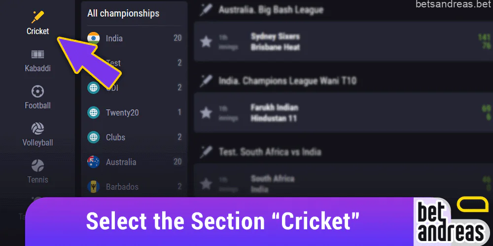 In your personal cabinet, select the "Betandreas cricket" section