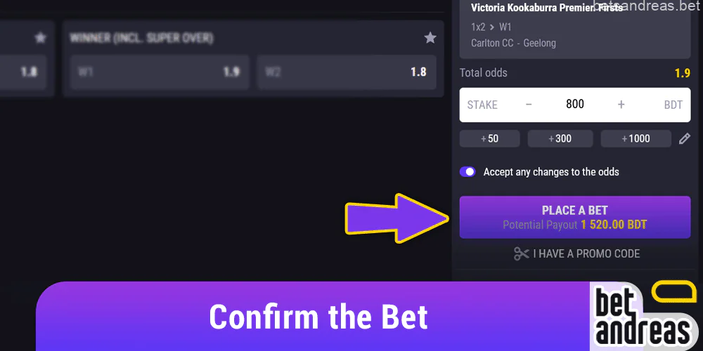 Confirm the bet on the Betandreas website