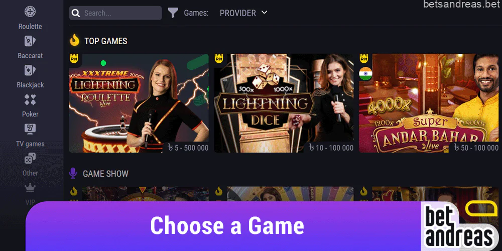 Select the game you want to play on Betandreas