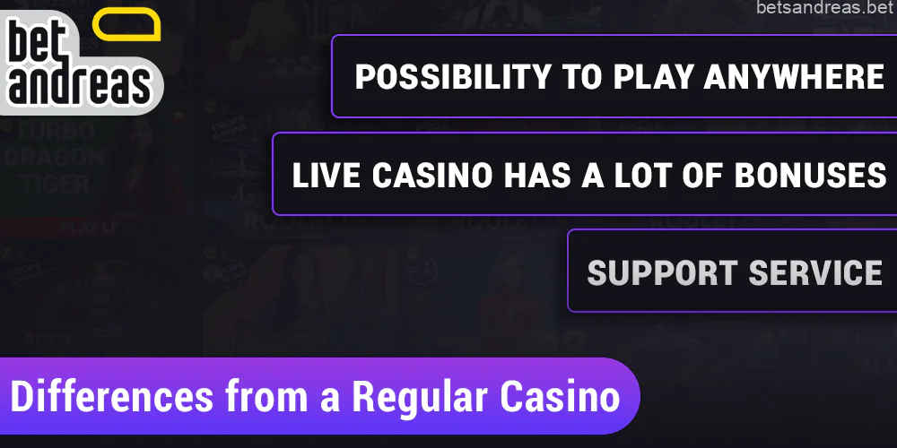 The difference between Live casino and regular casino at Betandreas: bonuses, support, the ability to play anywhere