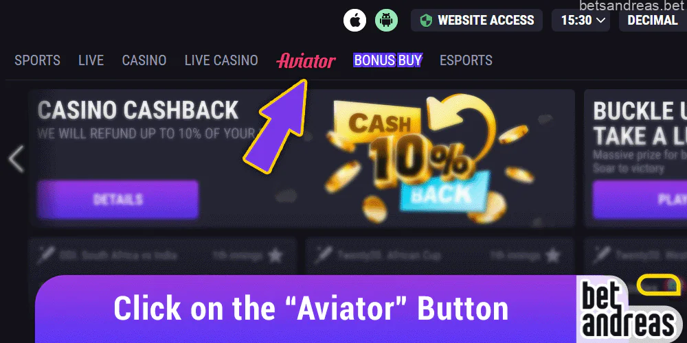 Select the Aviator game on the Betandreas website