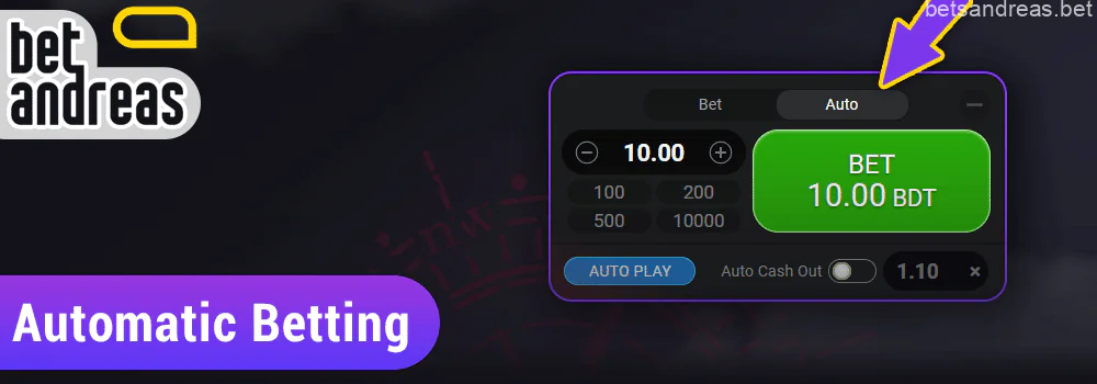 Automatic bets and automatic withdrawals in the game Aviator on Betandreas