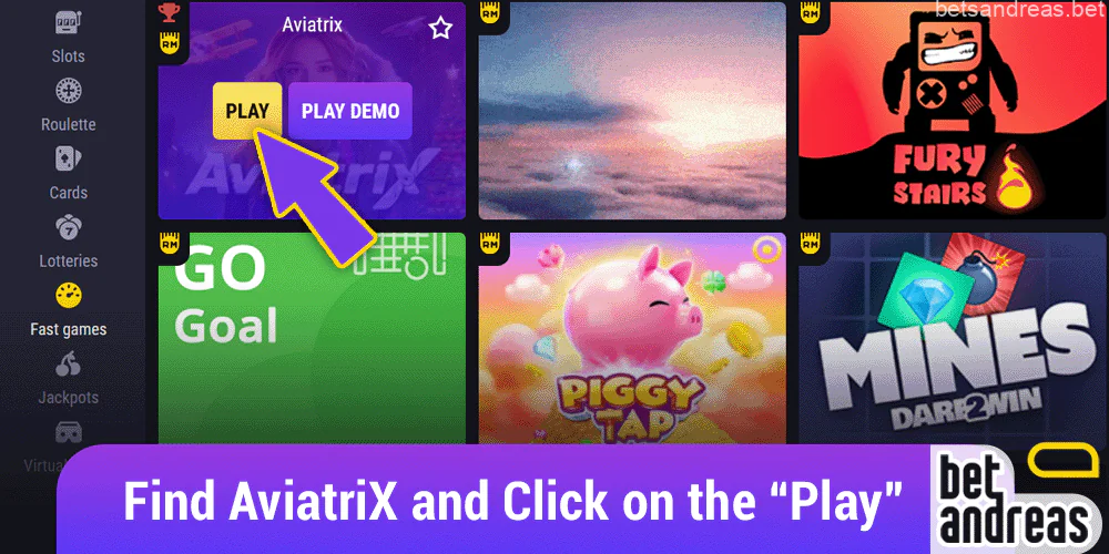 Click the "Play" button in the AviatriX game on Betandreas