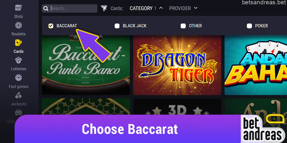 Select the Baccarat category on Betandreas