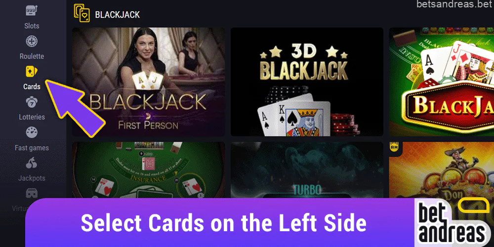 Select the Blackjack category on Betandreas