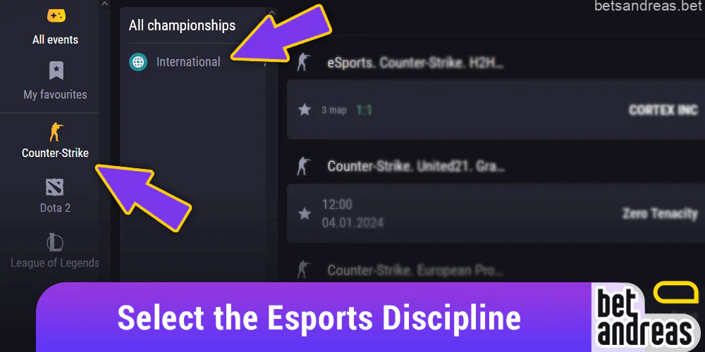 Select the esports discipline on the Betandreas website