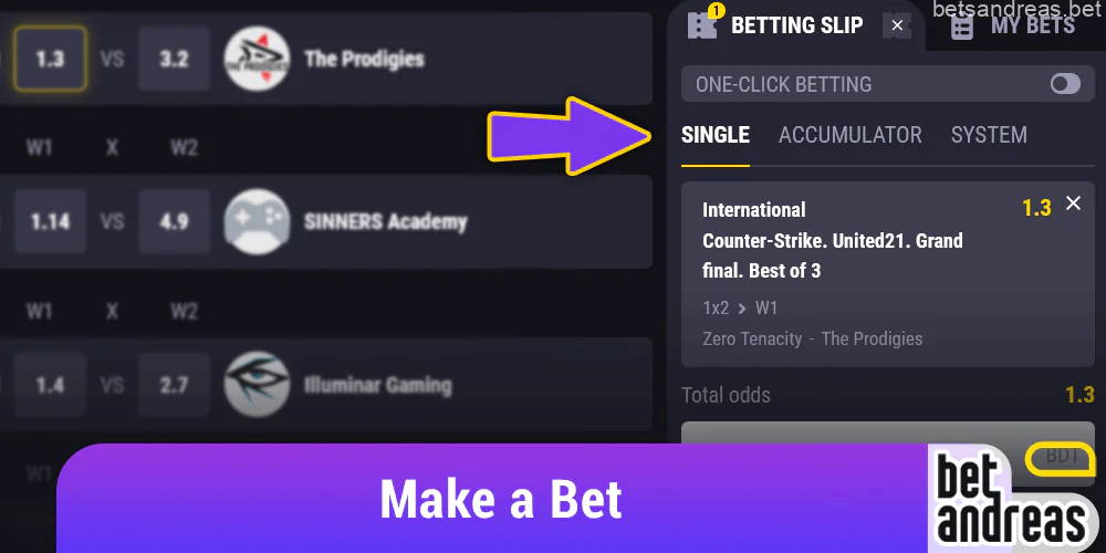 Place a bet on the Betandreas website