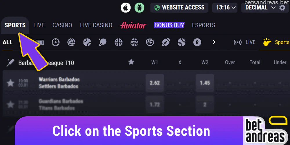 Select the "Sports" category from the top menu of the Betandreas homepage