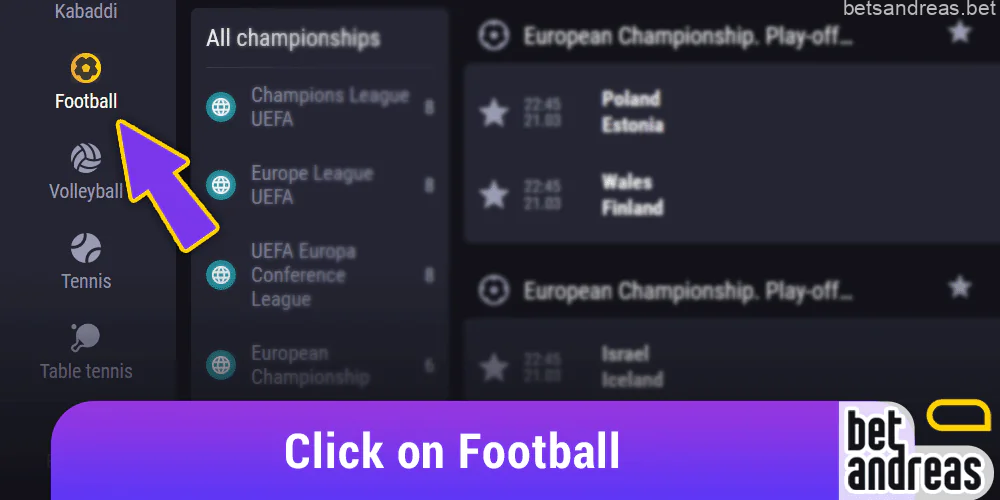 On the left panel of the Betandreas website, select "Football"