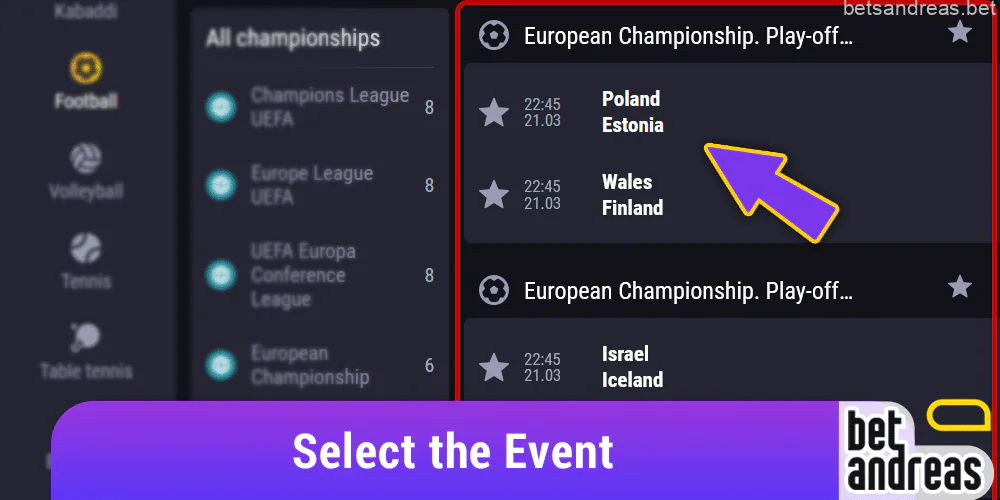 Select the event you wish to bet on at Betandreas