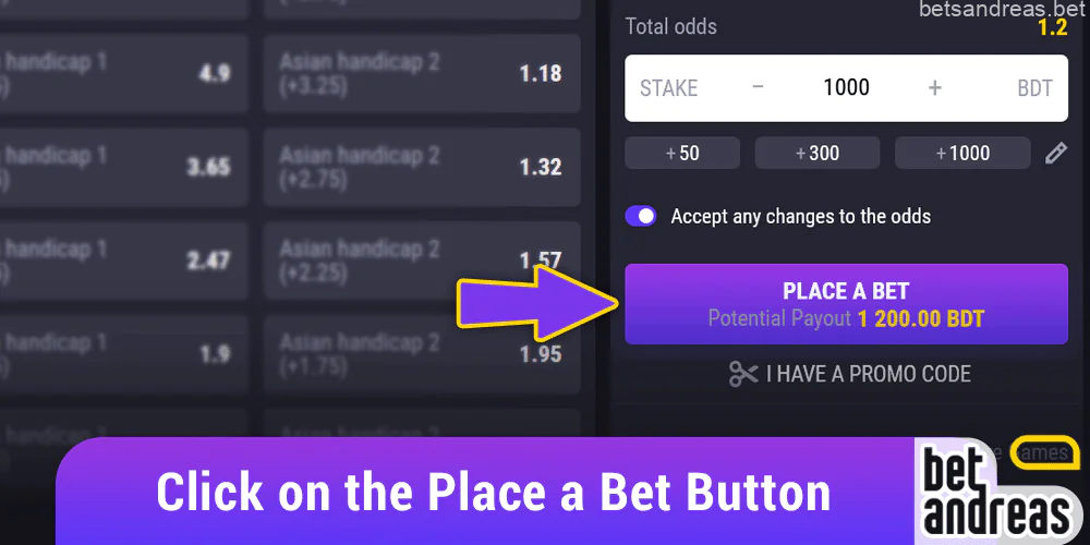 Click on the "Place a bet" button on Betandreas