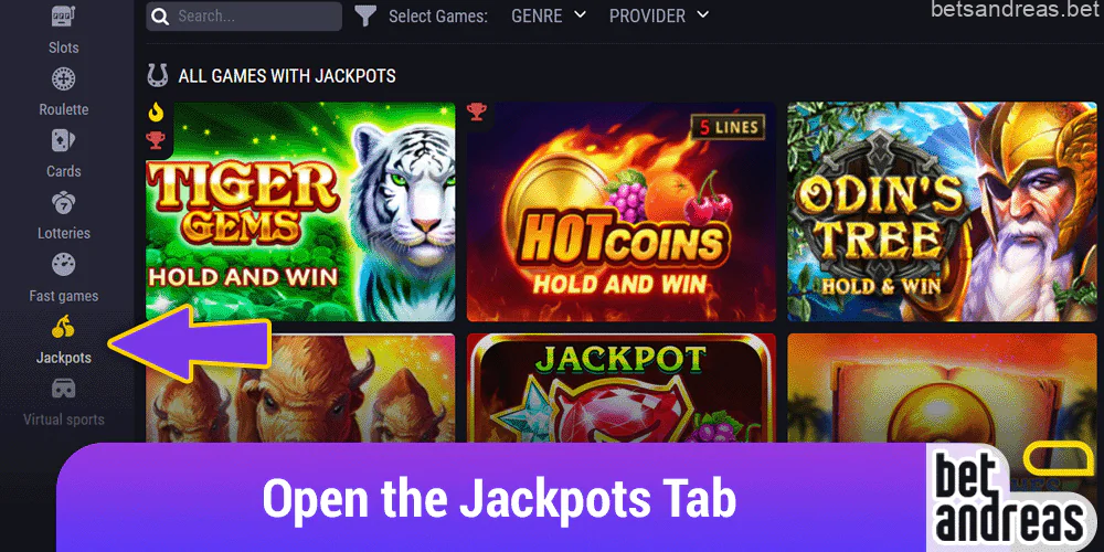 Open the Jackpots tab in the left menu on Betandreas