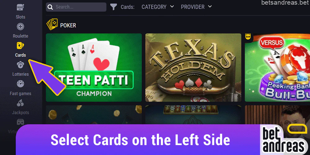 Select "Cards" on the left side and choose poker among the Betandreas categories